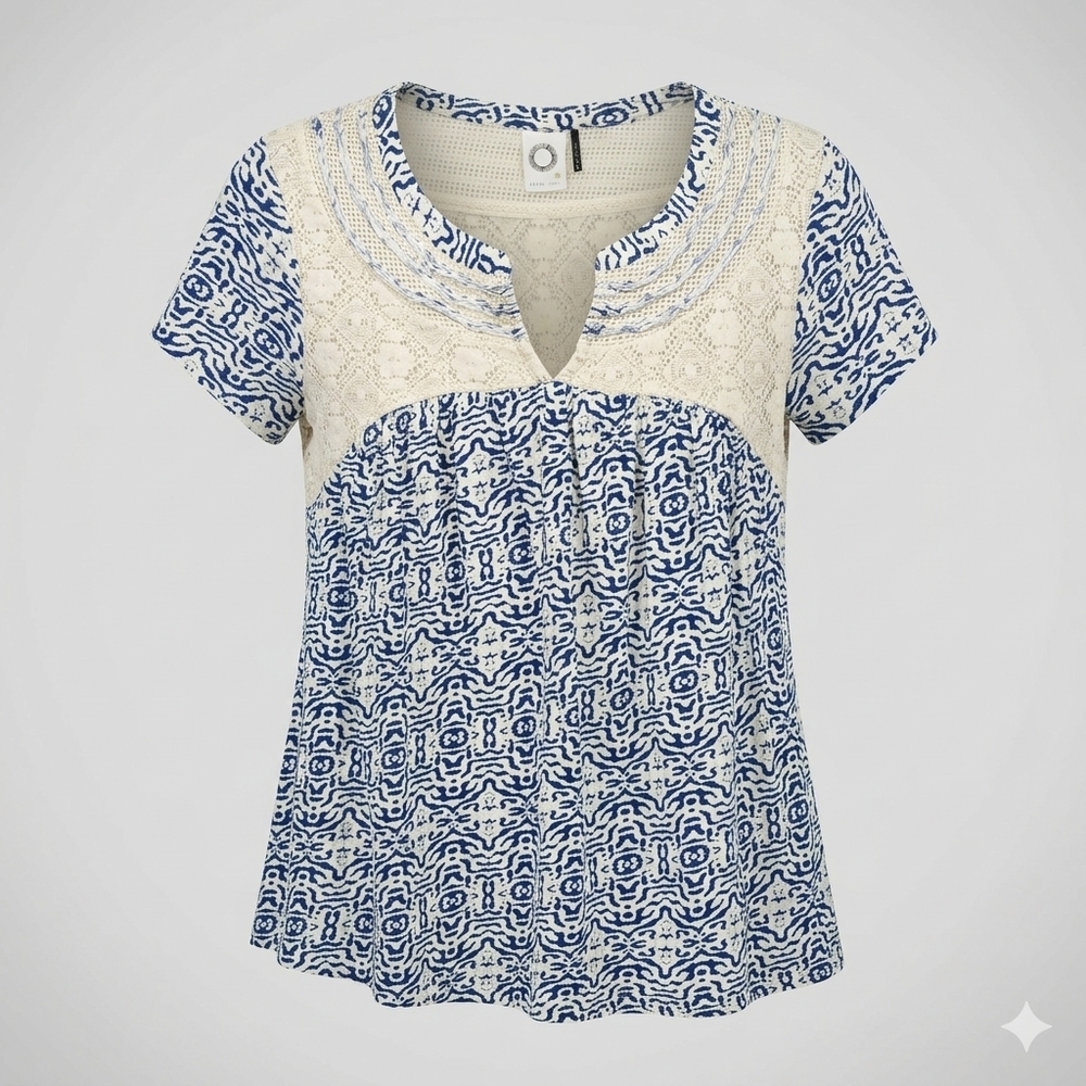 Anthropologie Akemi + Kin Blue White Lace Yoke Boho Mixed Media Blouse Top S